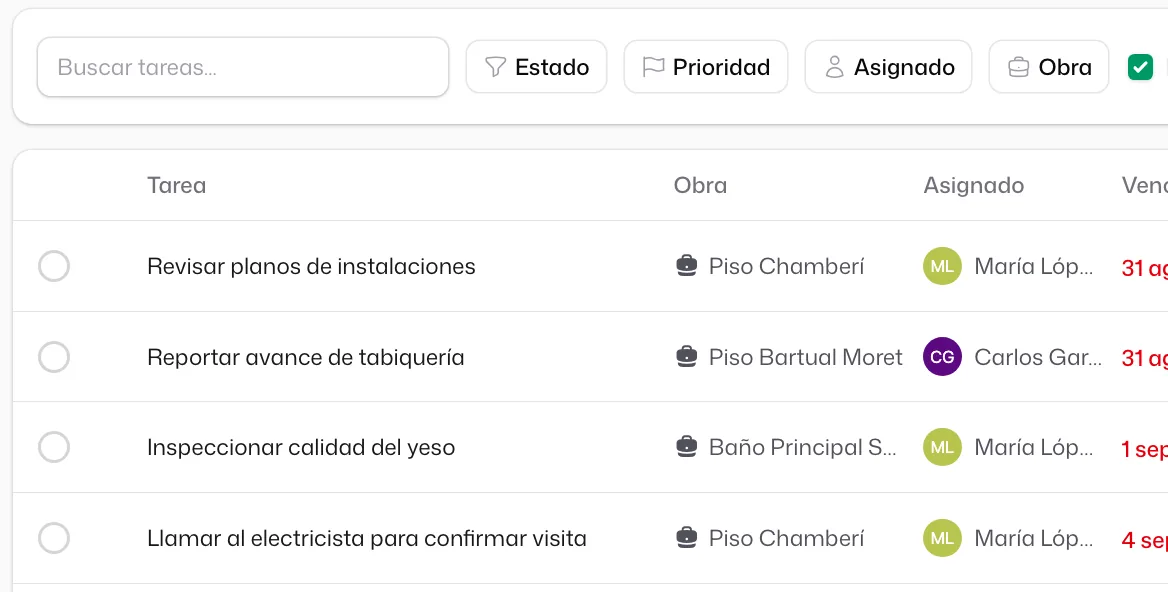 La lista global de «Tareas», con la columna «Obra» que dice de qué obra es cada tarea