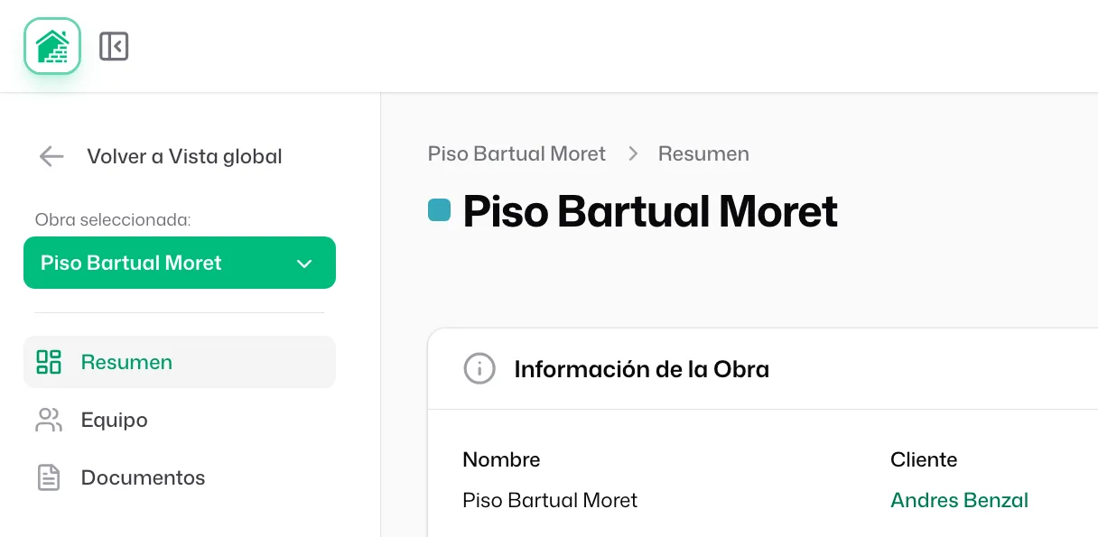 Dentro de una obra: el menú cambia, arriba aparece «Obra seleccionada» con su nombre y, encima, «Volver a Vista global»