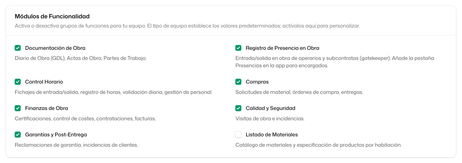 La sección «Módulos de Funcionalidad», con una casilla por bloque: «Documentación de Obra», «Control Horario», «Compras», «Calidad y Seguridad»…