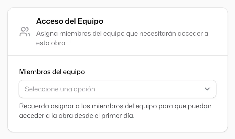 El bloque «Acceso del Equipo» al final del formulario de crear obra