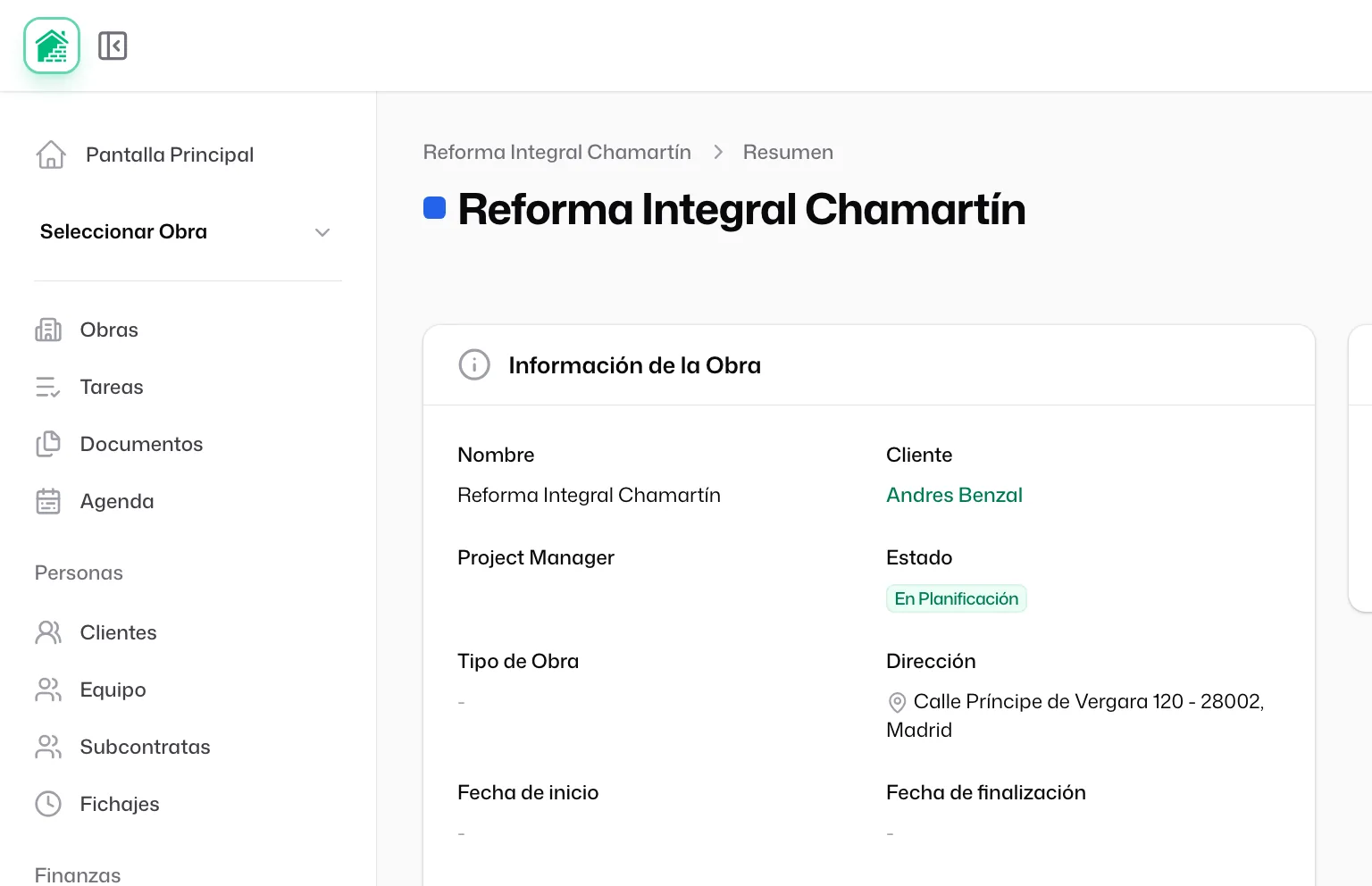 La obra recién creada, con su menú lateral y el resumen de la obra