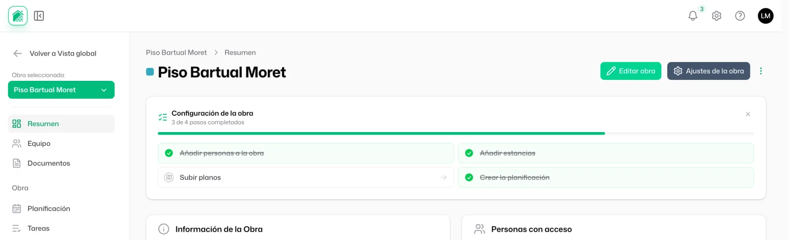 Al entrar en la obra, la tarjeta «Configuración de la obra» aparece arriba del todo, encima de «Información de la Obra»