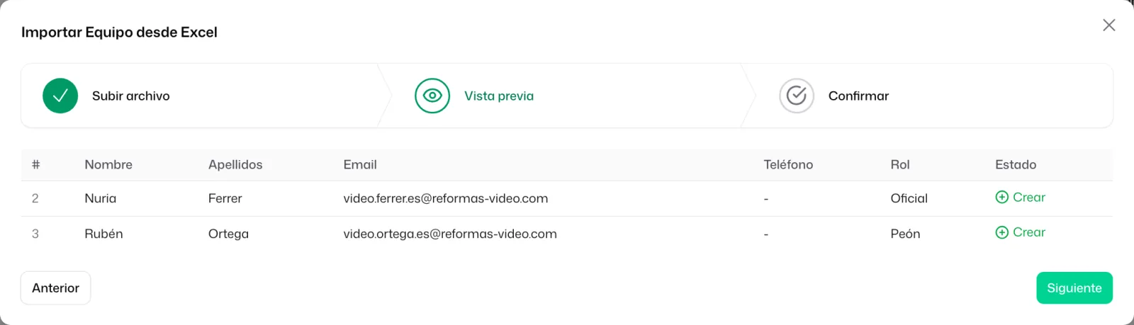 El paso «Vista previa», con una fila por persona: nombre, apellidos, email, rol y lo que Tabiquo va a hacer con ella