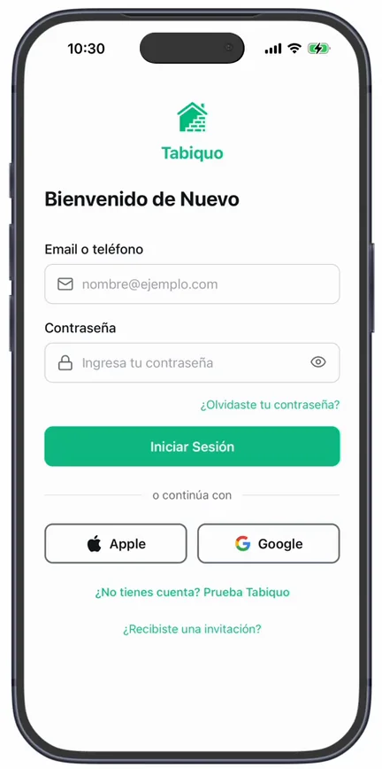 La pantalla de inicio de sesión «Bienvenido de Nuevo», con «Email o teléfono», «Contraseña», «Iniciar Sesión» y, abajo del todo, el enlace «¿Recibiste una invitación?»