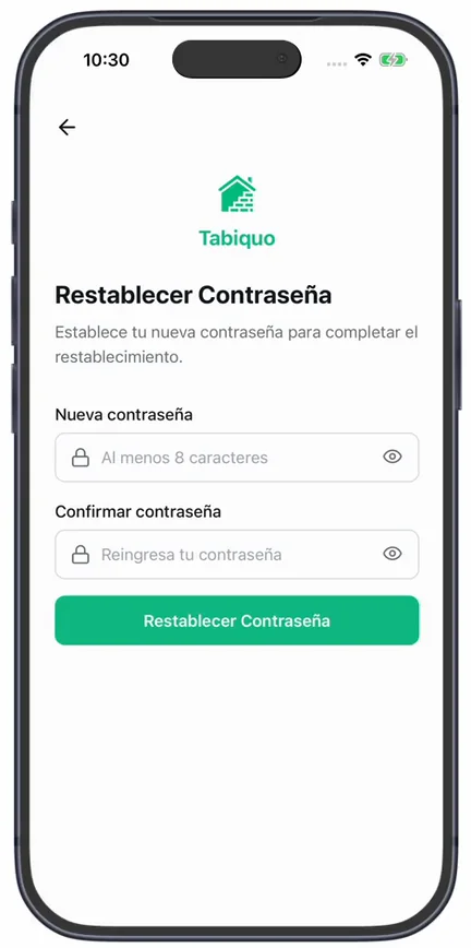 La pantalla «Restablecer Contraseña», con «Nueva contraseña», «Confirmar contraseña» y el botón «Restablecer Contraseña»