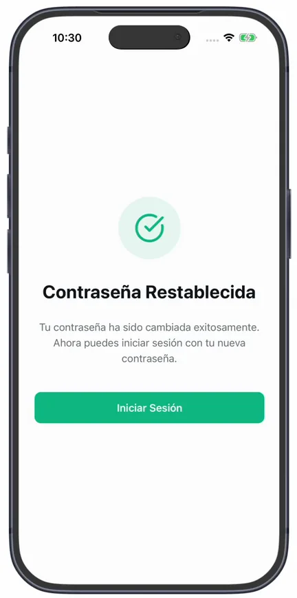 La confirmación «Contraseña Restablecida», con el botón «Iniciar Sesión»