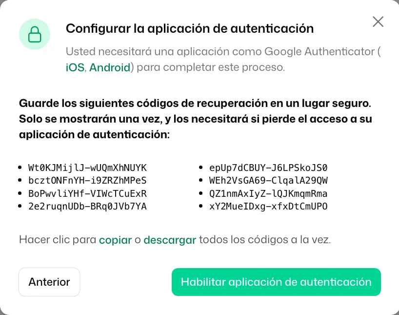Los códigos de recuperación, con los enlaces «copiar» y «descargar» y el botón «Habilitar aplicación de autenticación»