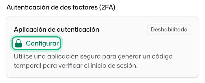 La sección «Autenticación de dos factores (2FA)» del perfil, con «Aplicación de autenticación» deshabilitada y el botón «Configurar»