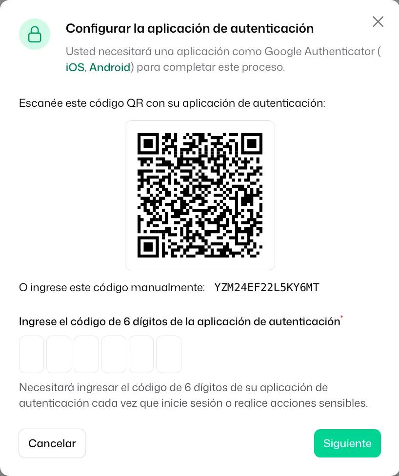 La ventana «Configurar la aplicación de autenticación», con el código QR, el código para introducir a mano y las seis casillas del código