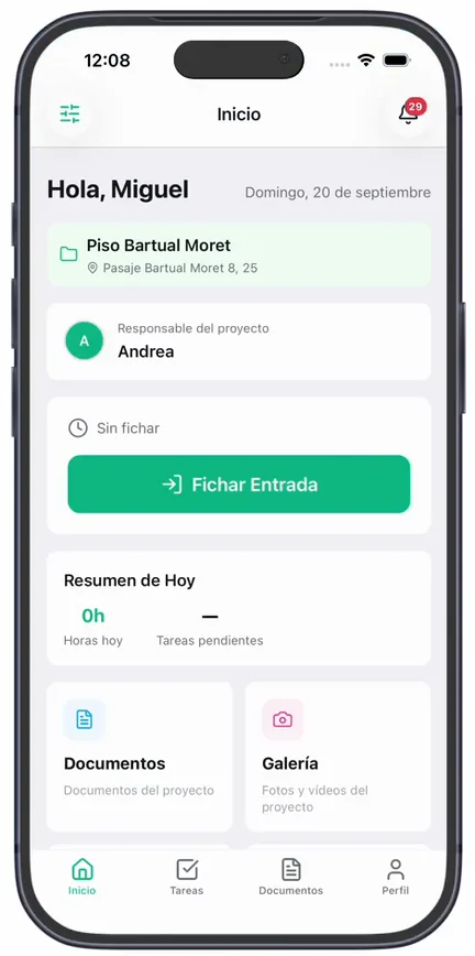 El fichaje en la app del trabajador: la tarjeta de «Inicio» con «Sin fichar» y el botón «Fichar Entrada»