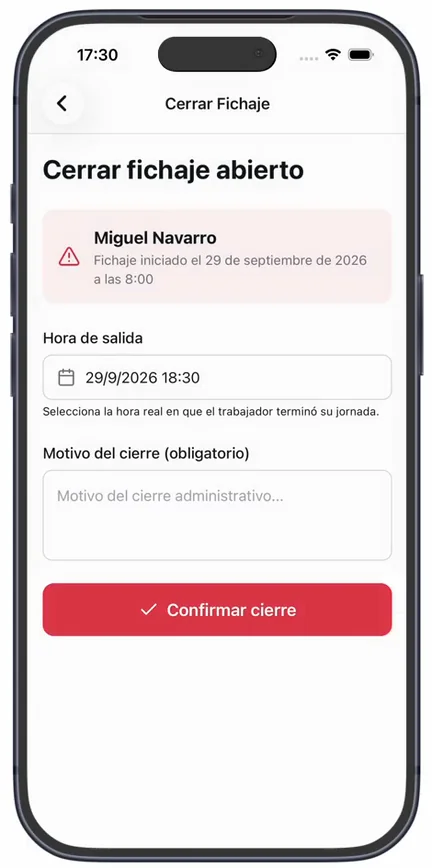 Con la salida puesta el día anterior, el campo pasa a llamarse «Motivo del cierre (obligatorio)»