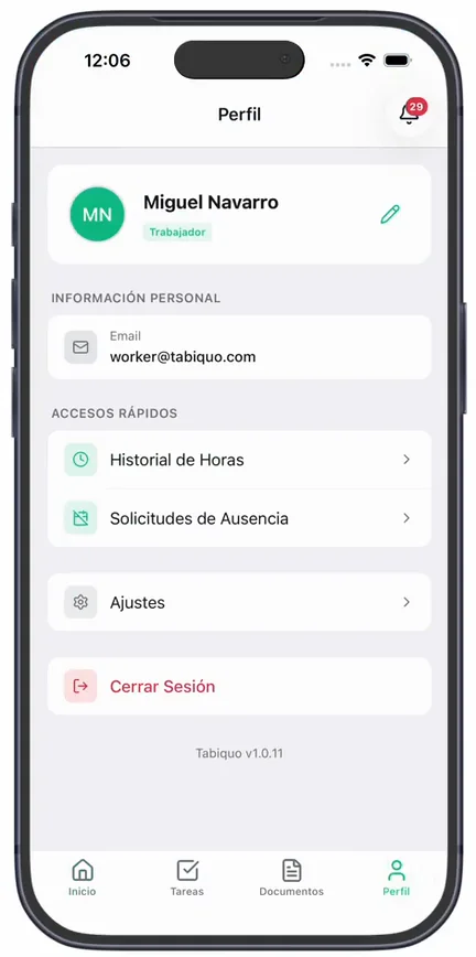 Los «Accesos rápidos» de «Perfil», con «Historial de Horas» el primero