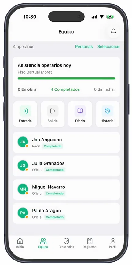 La pestaña «Equipo»: «Asistencia operarios hoy» y las acciones rápidas «Entrada», «Salida», «Diario» e «Historial»