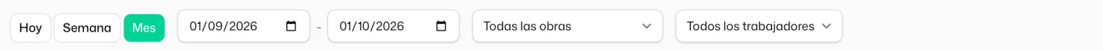 La barra superior de «Fichajes» con los botones «Hoy», «Semana» y «Mes», las fechas de inicio y fin, y los selectores «Todas las obras» y «Todos los trabajadores»