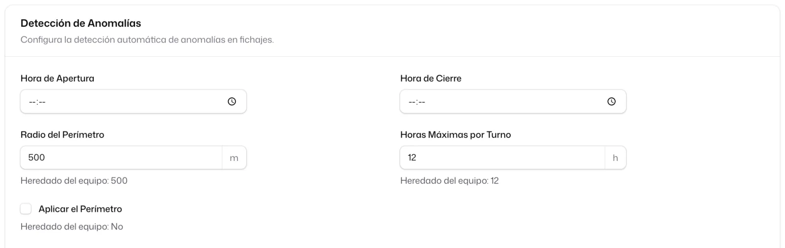 La sección «Detección de Anomalías» con el «Radio del Perímetro» en 500 m, «Horas Máximas por Turno» y la casilla «Aplicar el Perímetro» sin marcar