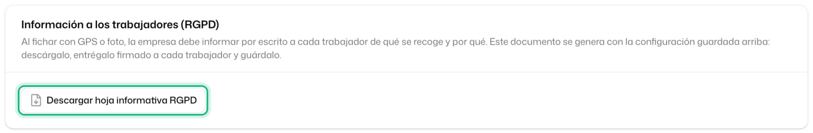 La sección «Información a los trabajadores (RGPD)» con el botón «Descargar hoja informativa RGPD» señalado