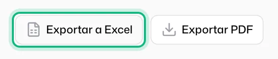 Los botones de descarga arriba a la derecha: «Exportar a Excel», marcado, y «Exportar PDF» a su lado