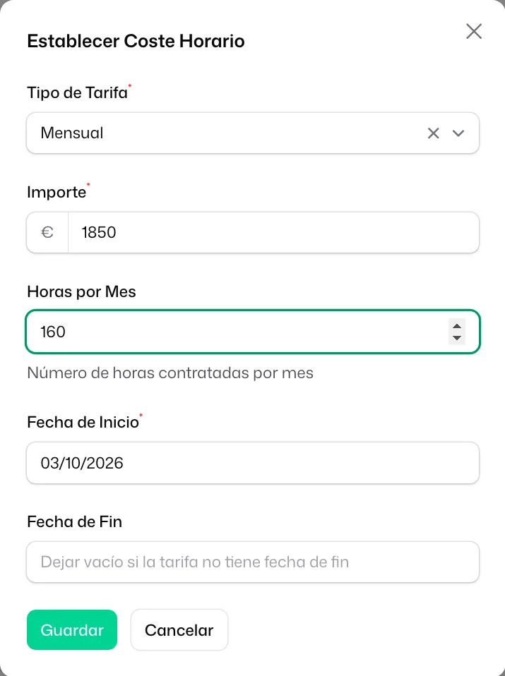 La ventana de la tarifa: «Tipo de Tarifa» en «Mensual», «Importe» 1850 €, «Horas por Mes» 160, «Fecha de Inicio» y «Fecha de Fin» vacía
