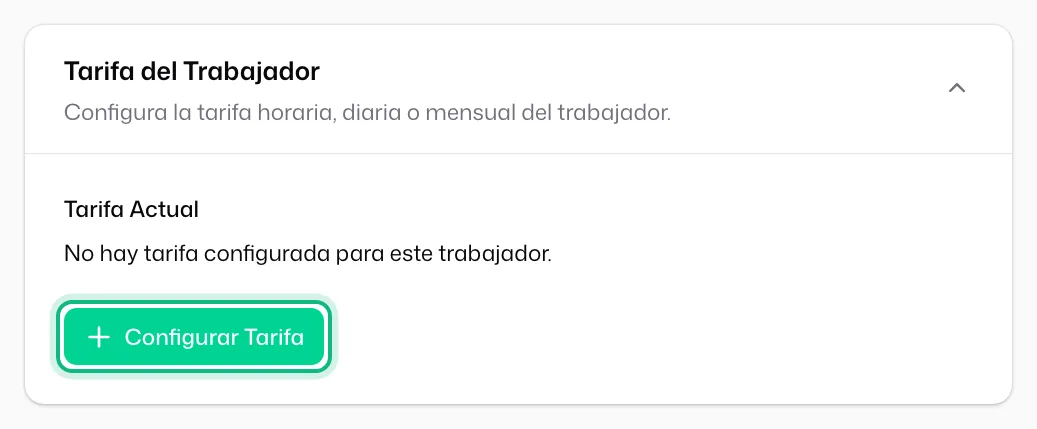 La sección «Tarifa del Trabajador» de la ficha, con «No hay tarifa configurada para este trabajador» y el botón «Configurar Tarifa»