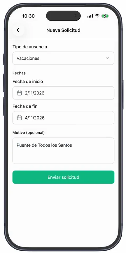 La pantalla «Nueva Solicitud» rellena: «Vacaciones» como tipo de ausencia, del 2/11/2026 al 4/11/2026, el motivo «Puente de Todos los Santos» y el botón «Enviar solicitud»