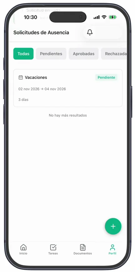 «Solicitudes de Ausencia» en la app con la petición de «Vacaciones», del 2 al 4 de noviembre, 3 días y la etiqueta «Pendiente»