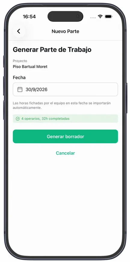 La pantalla «Generar Parte de Trabajo» con la obra, la «Fecha», el resumen «4 operarios, 32h completadas» y el botón «Generar borrador»
