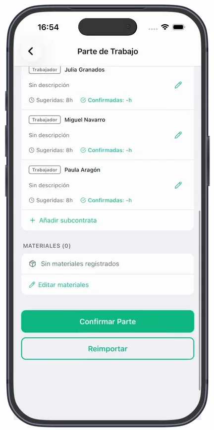 El final del parte, con «Añadir subcontrata», el bloque «Materiales» con «Editar materiales» y los botones «Confirmar Parte» y «Reimportar»