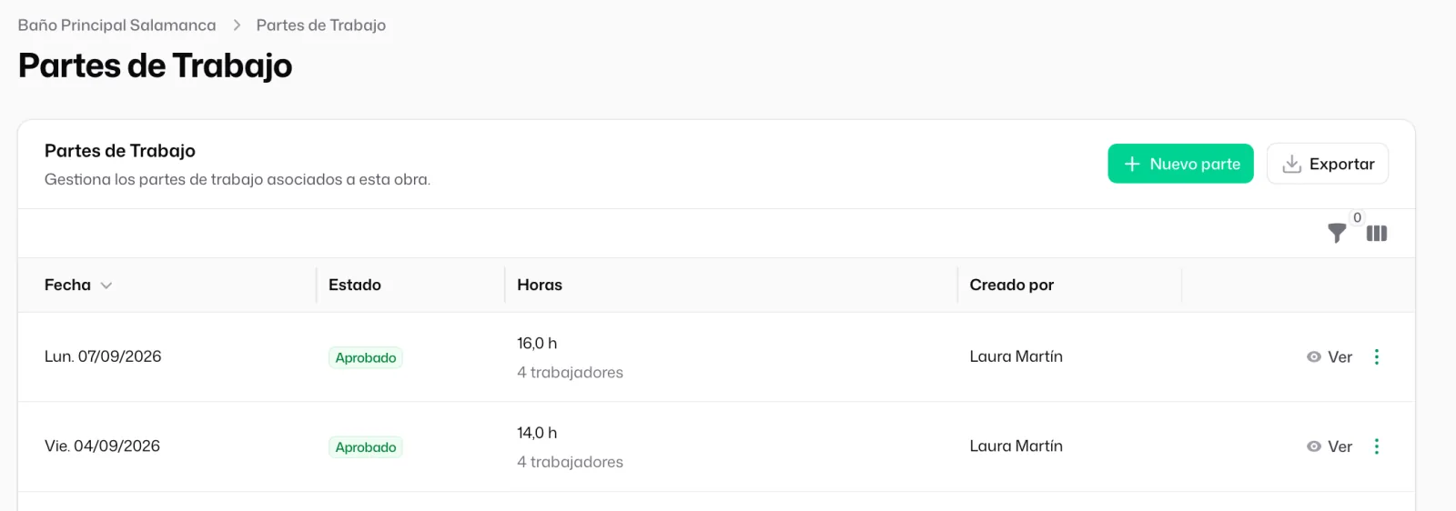 La lista «Partes de Trabajo» de la obra, con la fecha, el «Estado» de cada parte, las horas y los botones «Nuevo parte» y «Exportar»