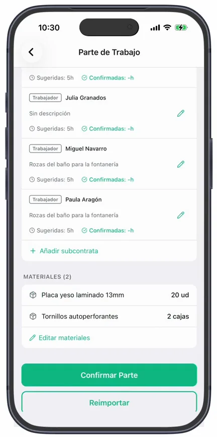 El final del parte: las líneas con «Rozas del baño para la fontanería», «Materiales (2)» con las placas y los tornillos, y los botones «Confirmar Parte» y «Reimportar»