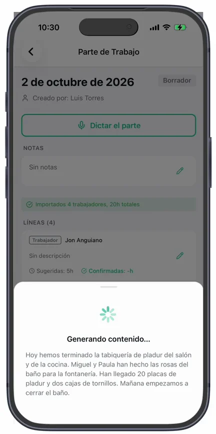 «Generando contenido…», con el texto ya transcrito debajo