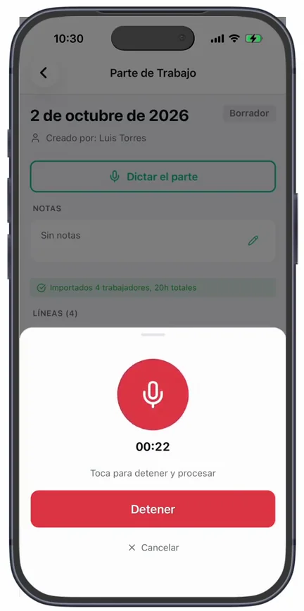 La grabación en marcha: el micrófono rojo, el contador «00:16», «Toca para detener y procesar» y el botón «Detener»