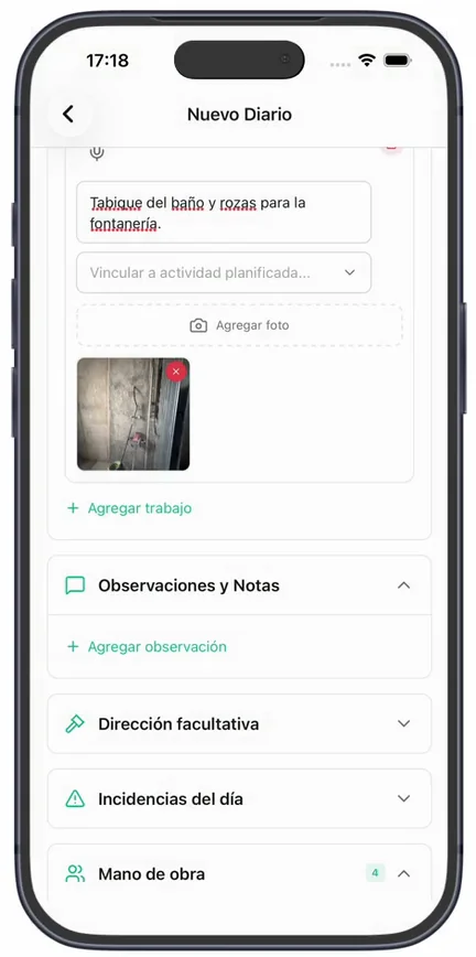 Un trabajo realizado con su descripción, «Vincular a actividad planificada...», «Agregar foto» y la foto ya adjunta