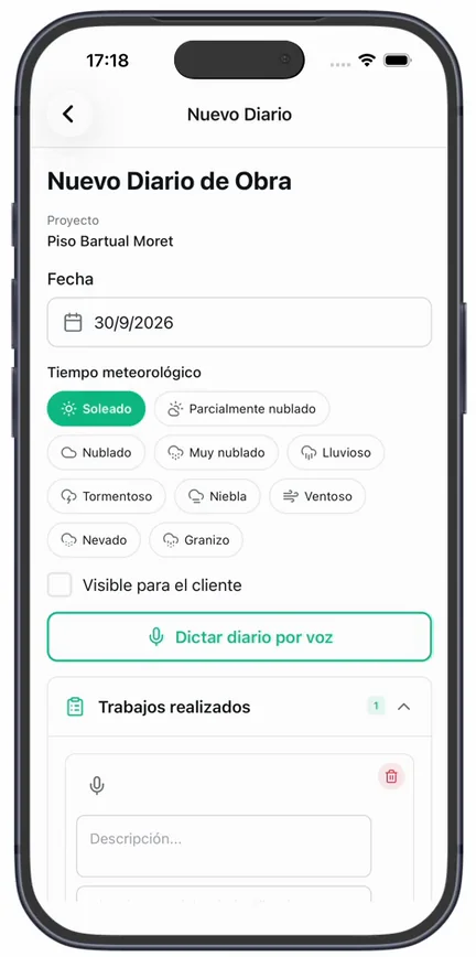 La cabecera de «Nuevo Diario de Obra», con la fecha, el «Tiempo meteorológico» marcado en «Soleado», la casilla «Visible para el cliente» y «Dictar diario por voz»