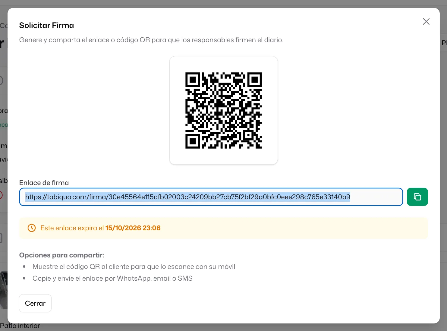 La ventana «Solicitar Firma», con el código QR, el enlace para copiar y la fecha en que caduca