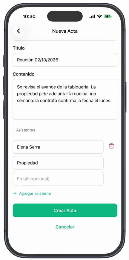 Un asistente añadido con su nombre y su cargo, el campo «Email (opcional)», «Agregar asistente» y el botón «Crear Acta»