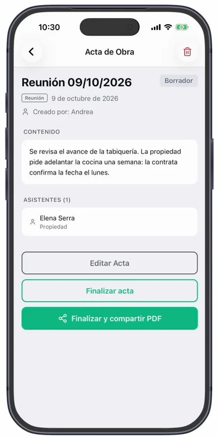 El acta recién creada en «Borrador», con su contenido, «Asistentes (1)» y los botones «Editar Acta», «Finalizar acta» y «Finalizar y compartir PDF»