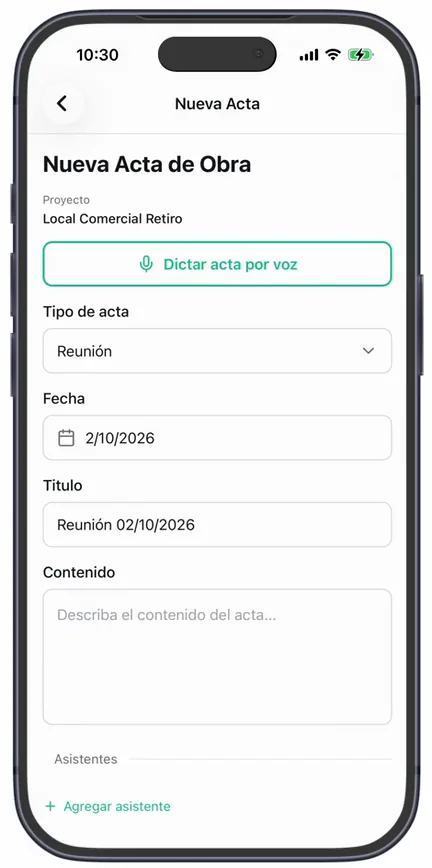 El formulario «Nueva Acta de Obra»: «Dictar acta por voz», «Tipo de acta» en «Reunión», «Fecha», «Título» y «Contenido»
