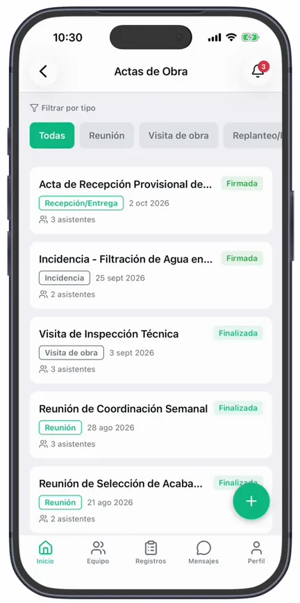 La lista «Actas de Obra», con el filtro por tipo, cada acta con su estado («Firmada», «Finalizada») y el botón «+» abajo a la derecha