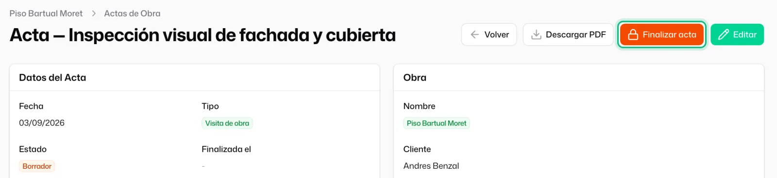 La ficha «Ver Acta de Obra» de un acta en «Borrador», con el botón «Finalizar acta» arriba a la derecha