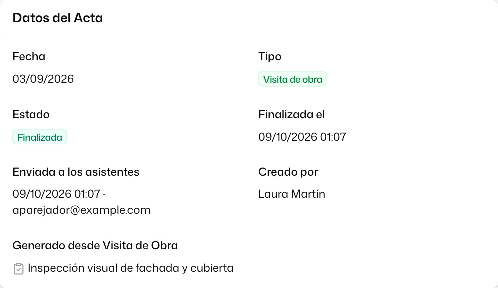 «Datos del Acta» después del envío: «Estado» «Finalizada» y la línea «Enviada a los asistentes» con la fecha y el destinatario