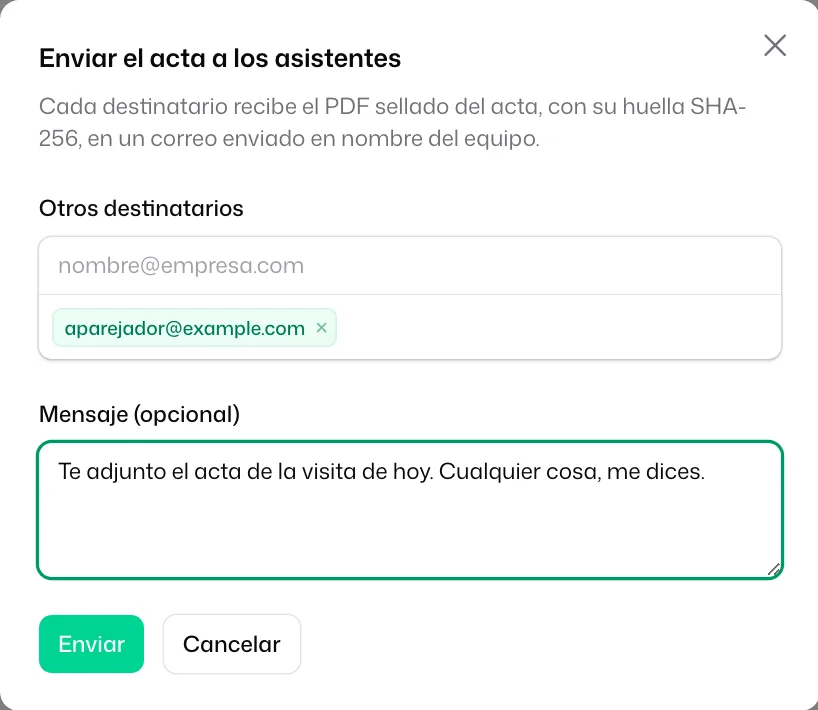 La ventana «Enviar el acta a los asistentes», con una dirección añadida en «Otros destinatarios» y un «Mensaje (opcional)»