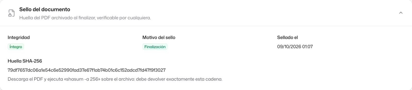 La sección «Sello del documento» del acta ya finalizada: «Integridad» «Íntegro», «Motivo del sello» «Finalización», la fecha y la «Huella SHA-256»
