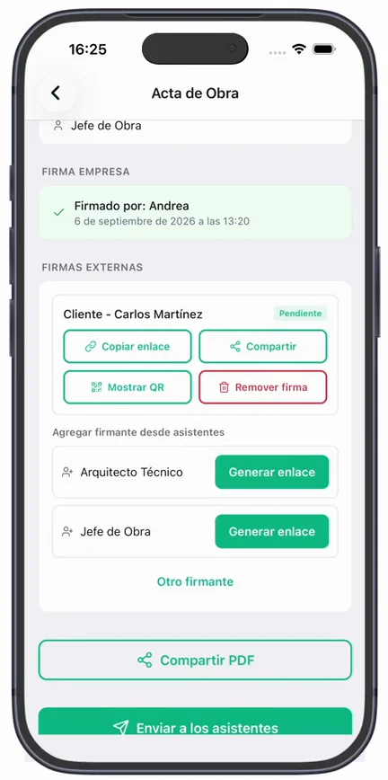 La firma de un asistente en «Pendiente», con «Copiar enlace», «Compartir», «Mostrar QR» y «Remover firma»