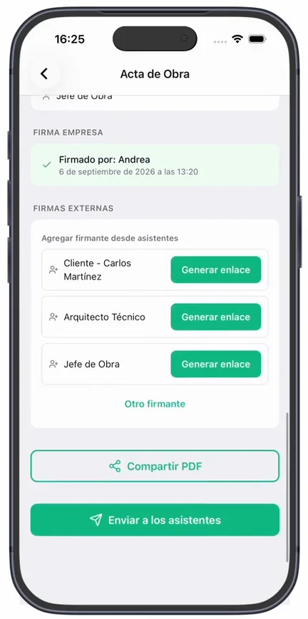 El acta ya «Firmado por» la empresa en «Firma empresa» y, debajo, «Firmas externas» con «Agregar firmante desde asistentes», un botón «Generar enlace» por asistente y «Otro firmante»
