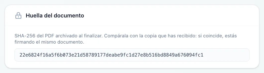 El recuadro «Huella del documento» de la página de firma, con la misma cadena SHA-256