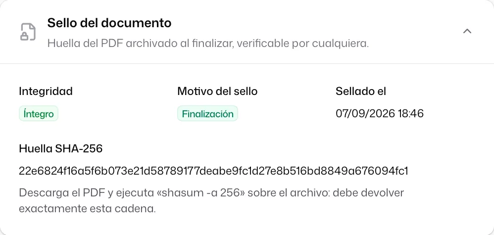 La sección «Sello del documento» de un diario finalizado: «Integridad» «Íntegro», «Motivo del sello» «Finalización», «Sellado el» y la «Huella SHA-256»