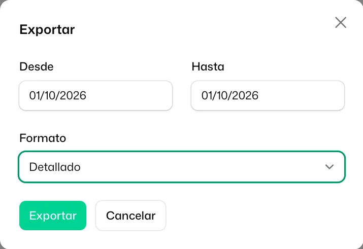 La ventana «Exportar», con las fechas «Desde» y «Hasta» y el «Formato» en «Detallado»