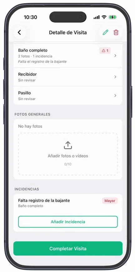 La visita con «Baño completo» marcado con «2 fotos · 1 incidencia», la incidencia «Mayor» en «Incidencias» y el botón «Completar Visita»