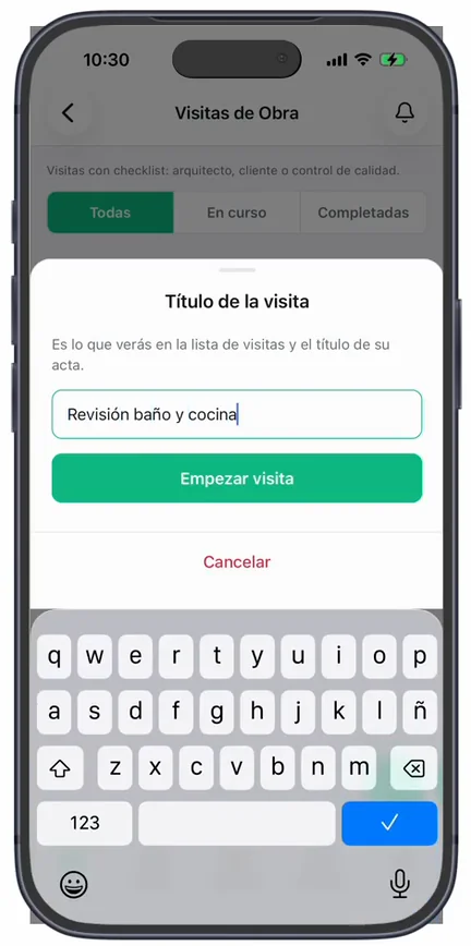 La ventana «Título de la visita», con el título escrito, el botón «Empezar visita» y «Cancelar»