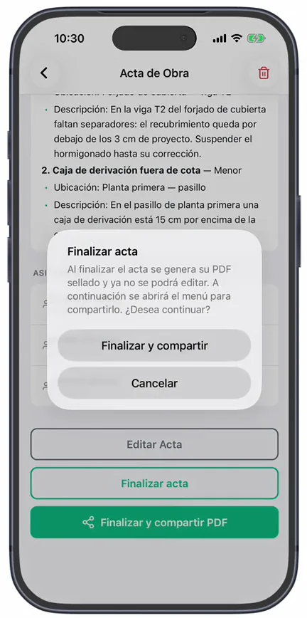El aviso «Finalizar acta» —«Al finalizar el acta se genera su PDF sellado y ya no se podrá editar»— con «Finalizar y compartir» y «Cancelar», sobre los botones «Editar Acta», «Finalizar acta» y «Finalizar y compartir PDF»